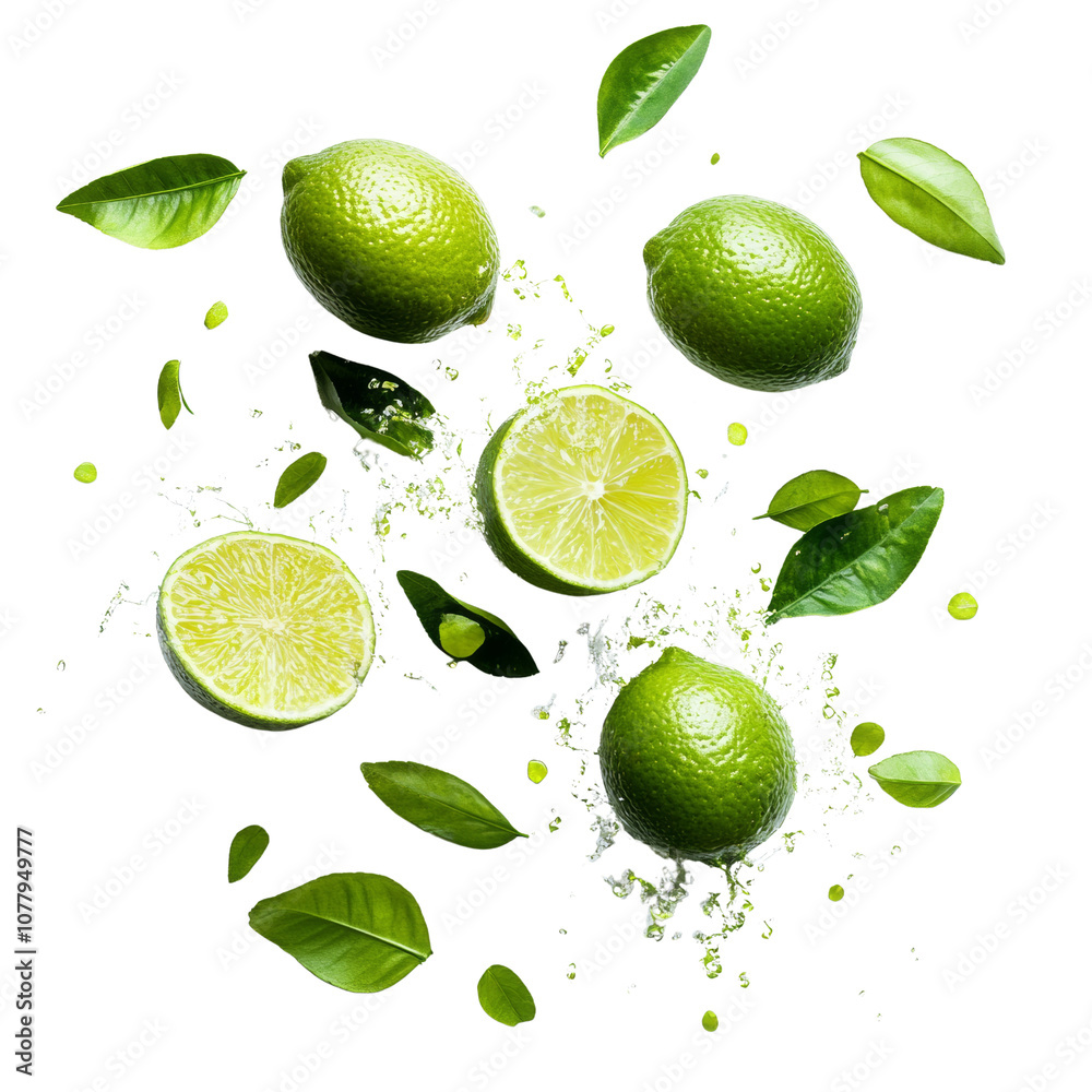 Poster fresh delicious limes splashing with leaves isolated transparent background