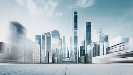 A futuristic cityscape with glass buildings and skyscrapers. The buildings are blurred and have a white and blue color