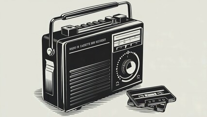 A retro portable radio cassette recorder in black. The recorder has a carrying handle and a cassette compartment on the side