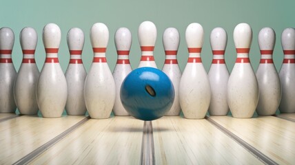 Classic Bowling Alley Scene with Ten White Pins and Bowling Ball