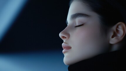 Fototapeta premium Serene Profile of a Young Woman Against a Soft Blue Background, Capturing the Essence of Calmness and Gracefulness in a Contemporary Setting