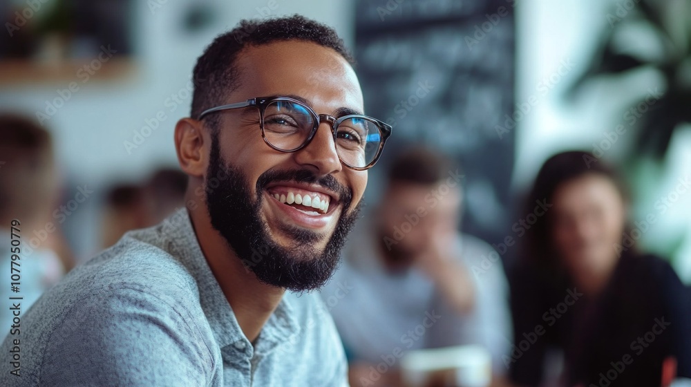 Poster a man with glasses is smiling and looking at the camera