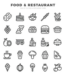 Set of simple Lineal Food and Restaurant Icons. Lineal art icons pack.