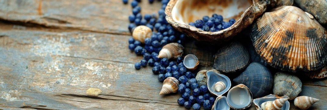 Brazilian festa de iemanj&aacute; flat lay with seashells and beads highlighting cultural traditions