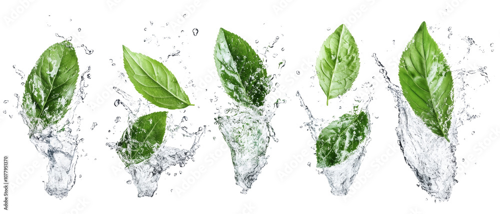 Poster set of fresh green leaves splashing with water isolated transparent background