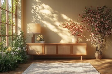 stylish mockup of a modern living room interior featuring a sleek tv cabinet decorative lamp plants and flowers that create a harmonious and contemporary atmosphere