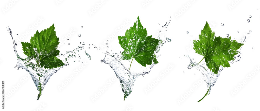 Poster set of fresh green leaves splashing with water isolated transparent background