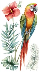 Obraz premium Watercolor illustration of a colorful parrot perched on a branch with tropical leaves and flowers.
