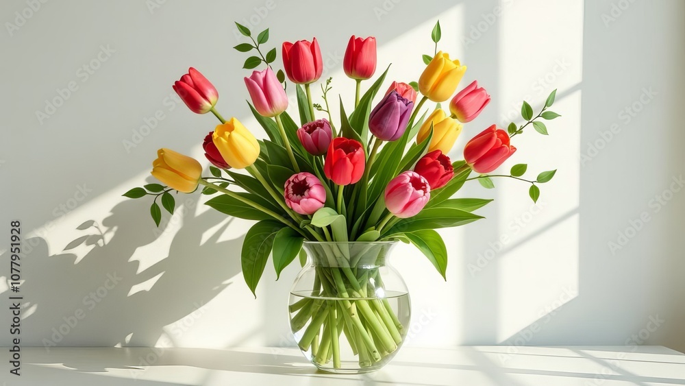 Poster A vase of tulips sits on a table in a room with a window
