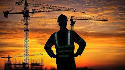 Silhouette of a construction worker against a sunset with cranes in the background.