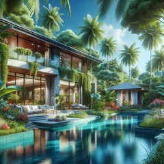 A 3D rendering of a luxurious villa with a swimming pool, surrounded by lush tropical foliage. The villa is modern and elegant, with large windows.