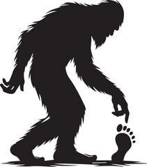 Bigfoot silhouette bending down to inspect a footprint