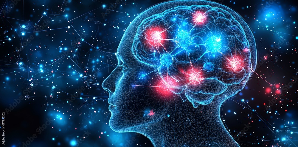 Aufkleber A digital rendering of a human brain with glowing red and blue nodes connected to a network of lines, representing neural pathways, in the dark blue galaxy background.
