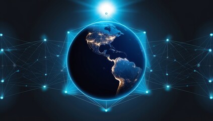 Fototapeta premium Night planet earth with lights of night cities with communication lines and satellites. Technology, concept. Glowing dots and lines emphasize digital links