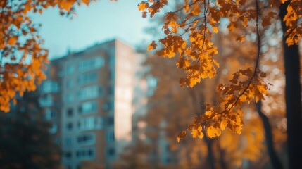 Autumn leaves frame a blurred urban building in a serene outdoor setting.