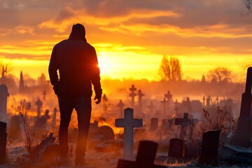 Fototapeta premium A lone figure at sunrise in a cemetery