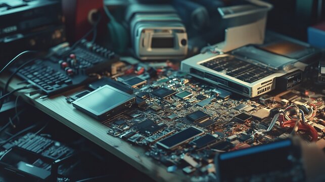 An image of electronic devices such as old phones and computers being taken apart for recycling, illustrating the recycling of electronic waste for reuse and resource conservation. 