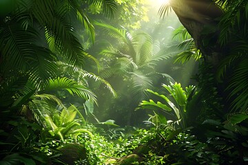 Fototapeta premium Sun rays shining through the leaves of tropical plants in the botanical garden