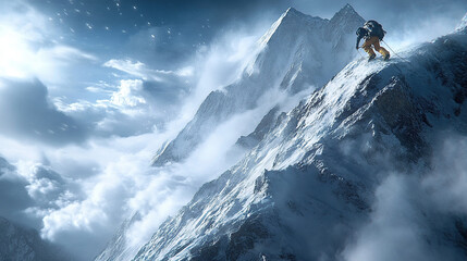 A mountain climber climbing the side of an icy, snowy peak, with dramatic clouds overhead, realistic photography