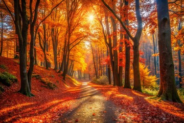 Fototapeta premium Enchanted Autumn Forest Path: A Serene Journey Through Colorful Leaves, Sunlit Trails, and Nature's Beauty, Perfect for Urban Exploration Photography Enthusiasts