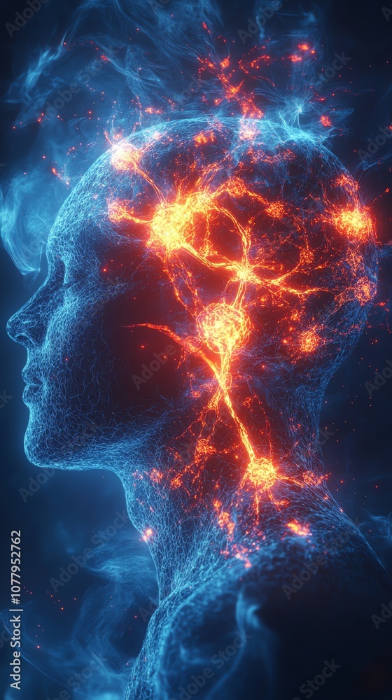 Aufkleber A digital rendering of a human head with glowing red and blue energy emanating from it.  The energy is in the shape of a brain, symbolizing the power of the mind.