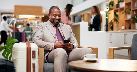 Fototapeta premium Black man, phone and hotel for communication in lobby, search and professional for luxury accommodation. Person, hospitality service and website for checkin or reservation, guest review and reception
