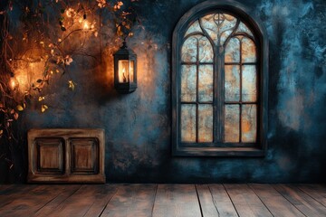 A rustic wooden floor and wall with a gothic window and a hanging lantern.