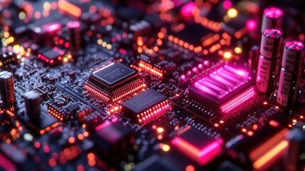 Obraz premium Close-up of a vibrant, illuminated circuit board with components.