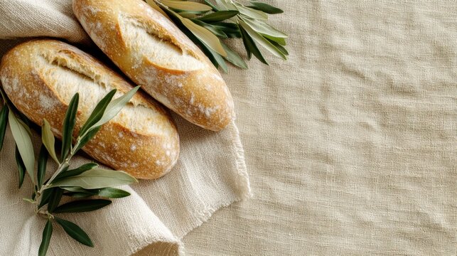 Chilean semana santa flat lay with bread and olive branches for easter design