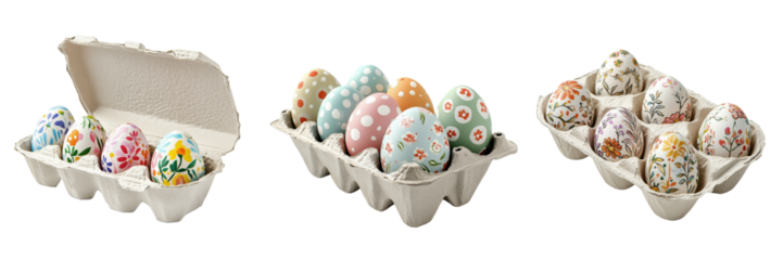 Set of decorative egg carton with painted Easter eggs isolated on a transparent background