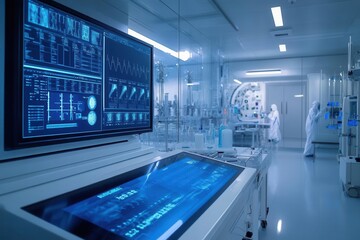 Obraz premium High-tech laboratory with advanced equipment and digital screens displaying complex data. A glimpse into modern scientific research.