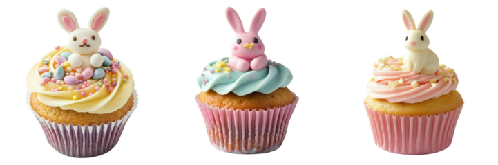 Set of Easter cupcake with bunny topper isolated on a transparent background