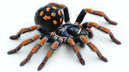 A close-up of a black and orange tarantula spider with hairy legs and a spotted abdomen, isolated on a white background.