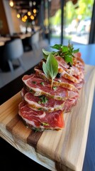 Closeup of thinly sliced basturma cured beef with herbs on wooden platter for culinary presentation
