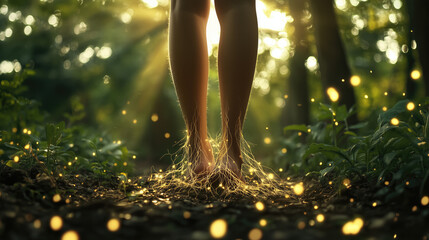 Woman legs in forest turning into tree roots grounded to earth. Generative AI.