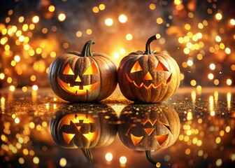 Enchanting Reflections of Two Illuminated Halloween Pumpkins Amidst a Dreamy Bokeh Background for a Spooky Atmosphere