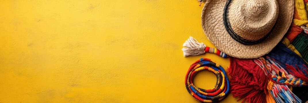 Colombian independence day celebration flat lay with traditional accessories - Powered by Adobe