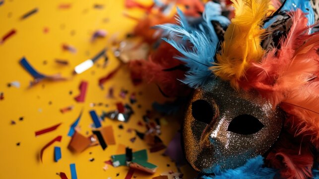 Colorful festive mask with feather decor for ecuadorian carnaval de guaranda celebration