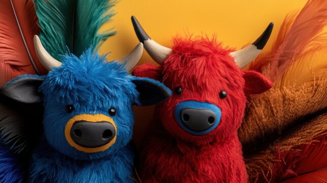 Colorful flat lay celebrating brazilian parintins folklore festival with festive bull plush toys