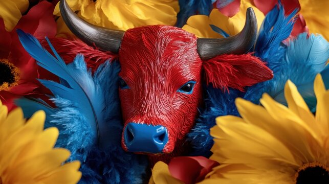 Colorful flat lay celebrating brazilian parintins folklore festival with red bull and vibrant flowers