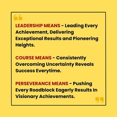 A design explaining the meaning of the words leadership, course, and perseverance.