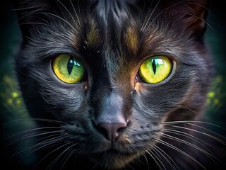 Enigmatic Black Cat Eyes Capturing the Mystique and Intrigue of Feline Beauty in a Dark and Dreamlike Atmosphere with Glowing Green and Yellow Hues