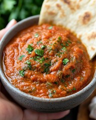 Cozy armenian soup khash in a bowl with fresh herbs and flatbread