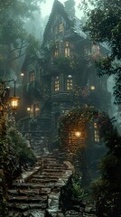 Enchanted Stone House in a Foggy Forest - Medieval Architecture and Fantasy Setting