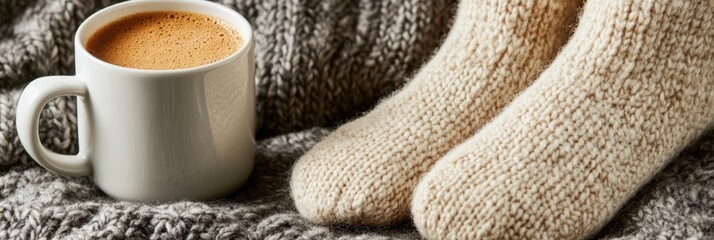 Cozy danish hygge flat lay with warm knitted socks and coffee on woolen blanket