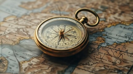 A vintage compass rests on an old map, symbolizing exploration and navigation.