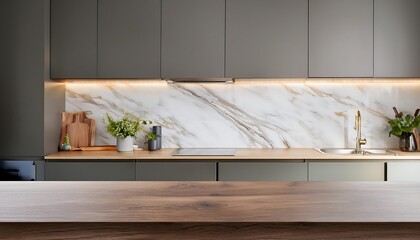 Modern kitchen interior with wood cabinets, stainless steel appliances, and a sleek island countertop