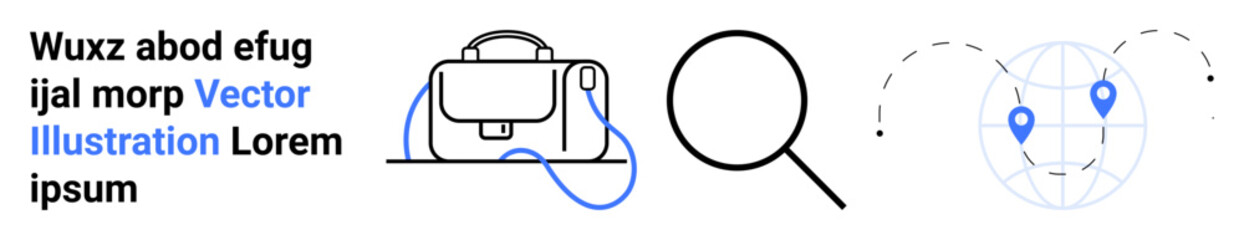 Backpack with blue straps, magnifying glass, and globe with map markers. Ideal for travel websites, educational content, online shops, navigation apps, adventure blogs, search tools, global services