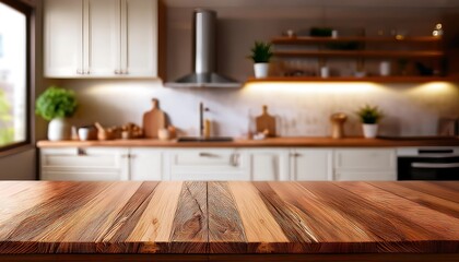 Modern kitchen interior with wood cabinets, stainless steel appliances, and a sleek island countertop