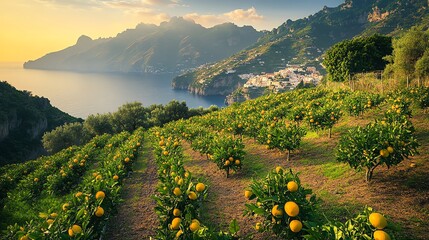 A scenic view of a citrus orchard on a hillside overlooking the Mediterranean Sea with a town in the background.